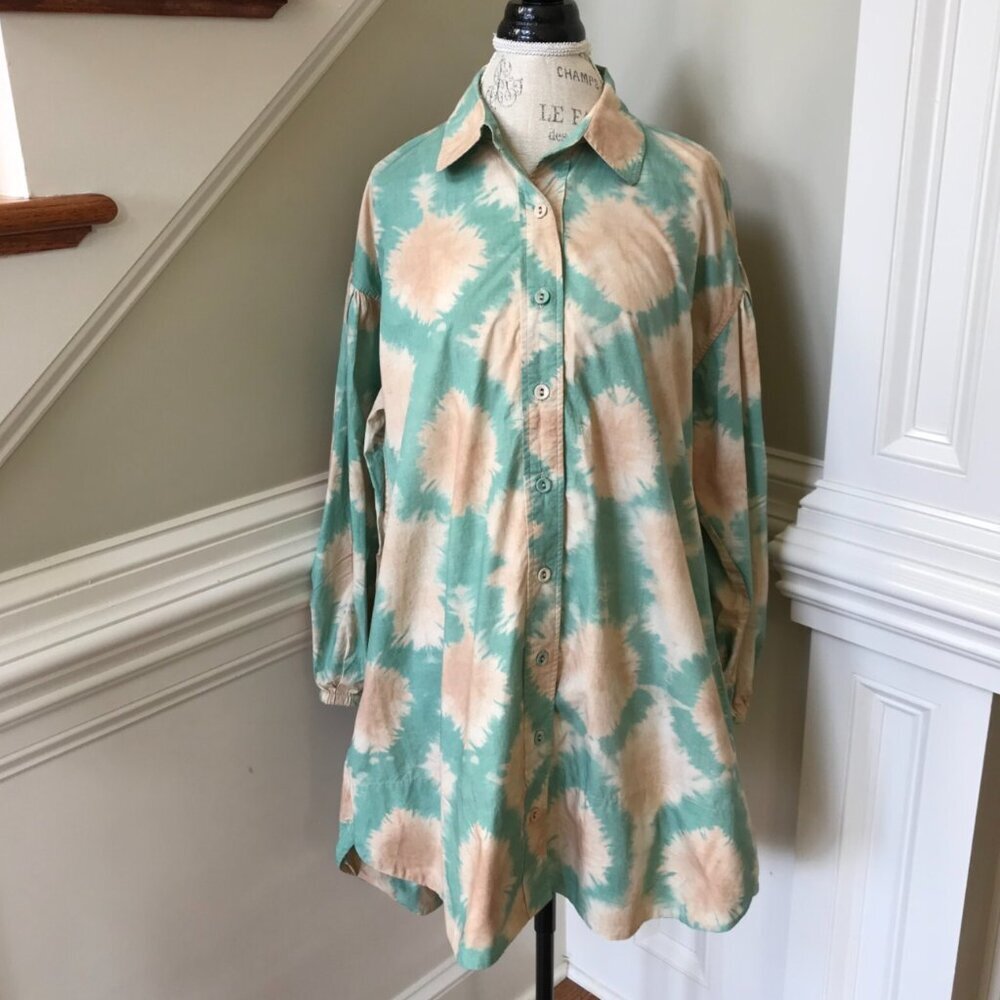 Ulla Johnson Alejandra Shirt Shift Dress Womens 6 Teal Green Tan Long Sleeve - Picture 3 of 12